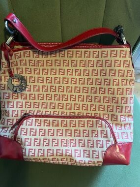 Fendi Cream and Red Zucca Shoulder Bag with Logo Charm